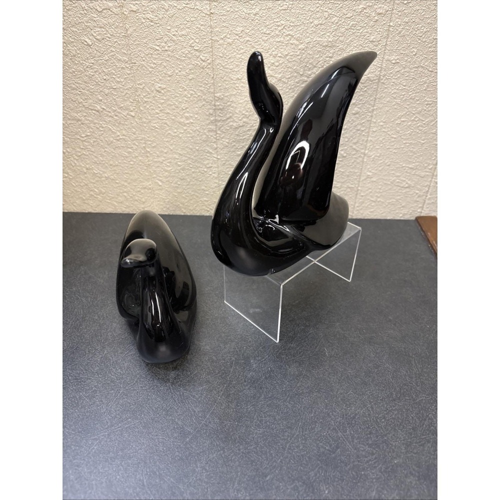 Vtg~Pair of Black‎ Swans~MCM/Glossy/Elegant~Ceramic Figurines